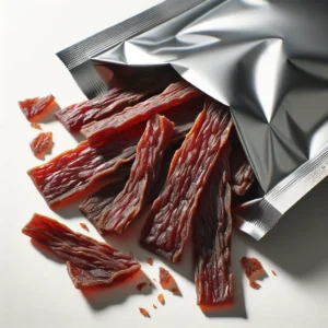  An open foil bag with beef jerky spilling out.