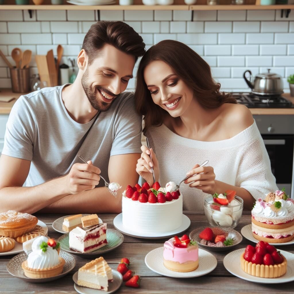 A couple feasts on cakes and other desserts