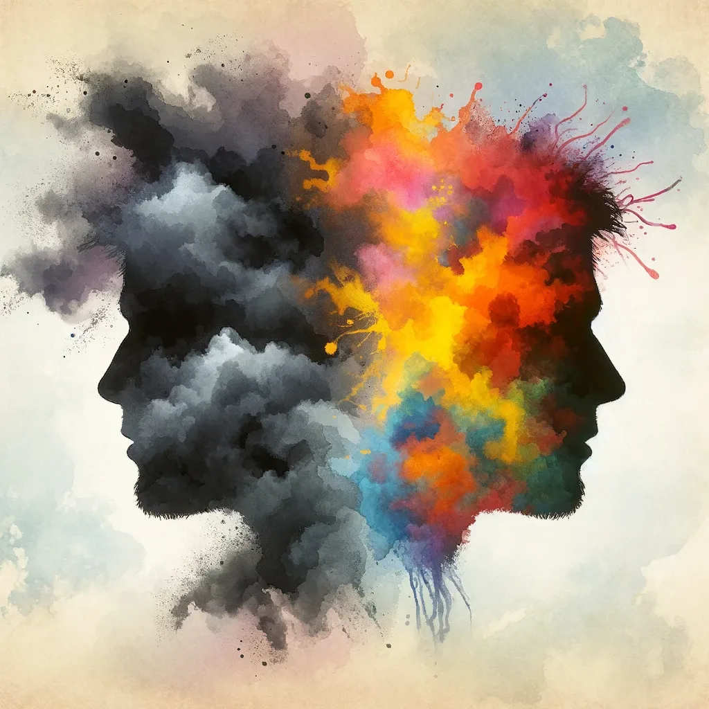 An image that reflect the concept of bipolar disorder through the depiction of silhouetted profiles with contrasting textures.