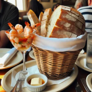 A bread basket and shrimp cocktail appetizer in a restaurant.
