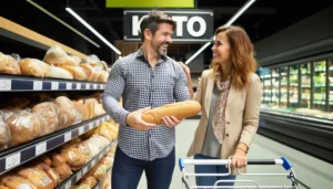 A couple shops for keto-friendly bread in the bakery aisle of a grocery store.