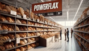 The bakery aisle of a grocery store displays a large selection of keto breads produced with Keto PowerFlax Baking Mix 