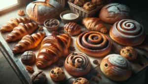 A selection of vegan bakery items including croissants, cinnamon buns and bread; produced with Keto PowerFlax Baking Mix.