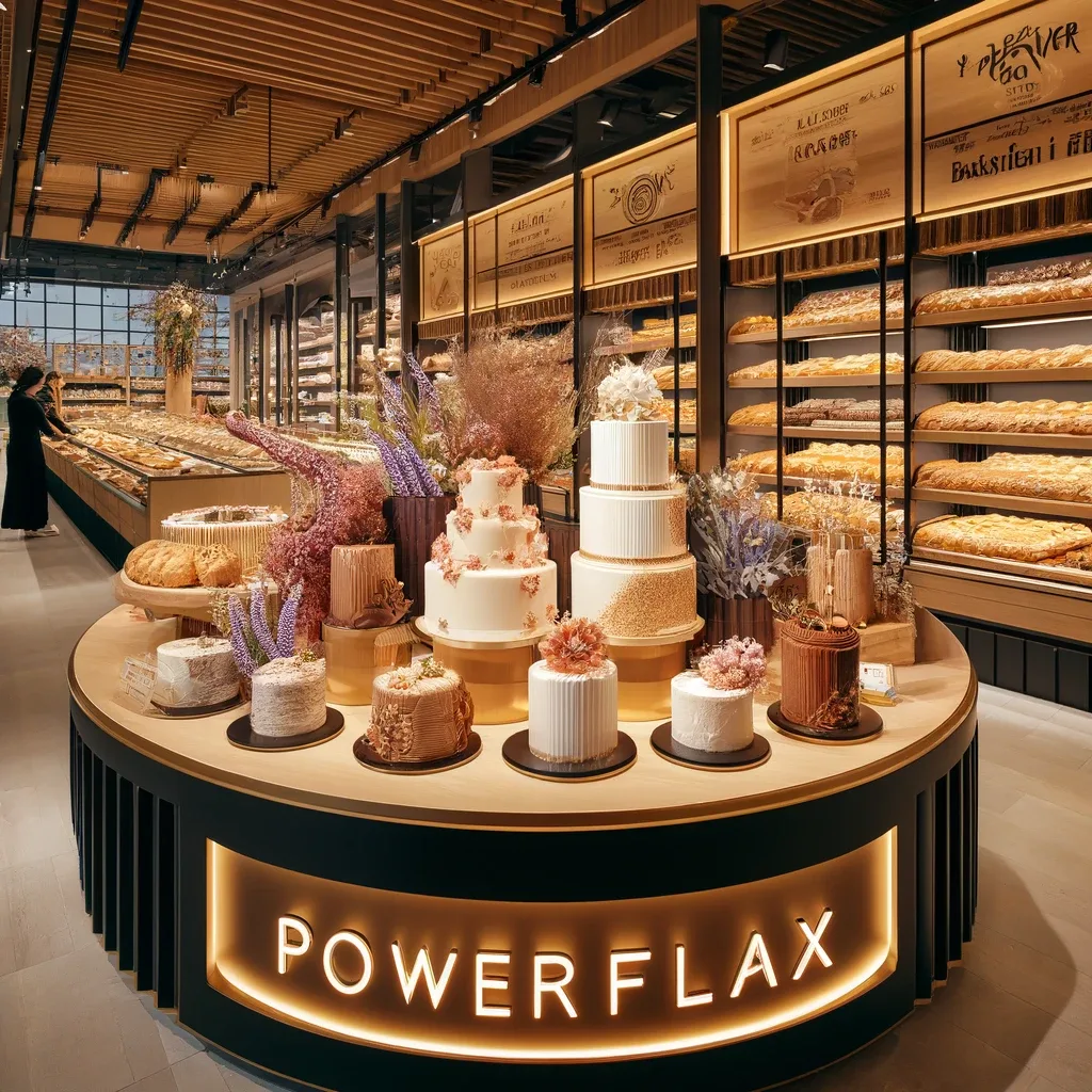A gorgeous display of keto cakes in the bakery section of a grocery store. The cakes are produced with Keto PowerFlax Baking Mix for commercial bakeries.