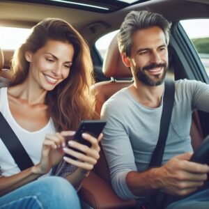 A relaxed, happy couple are are on a road trip in their car. The woman in the passenger seat checks her cell phone.