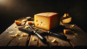 A block of cheese on a wooden board, with a fork and knife.