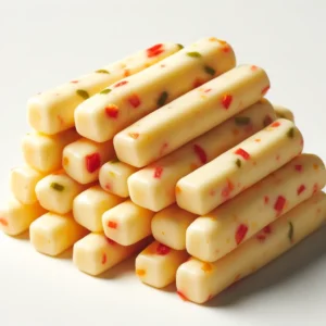 A close-up photography of pepper jack cheese sticks piled on top of each other. The cheese is creamy white with small bits of red and green chili peppers visible. The texture of the cheese is smooth with some shine, indicative of a moist surface. The cheese sticks are irregular in shape, with some flat sides and rounded edges. They are set against a plain white background that provides a soft contrast to the yellow-white color of the cheese. 