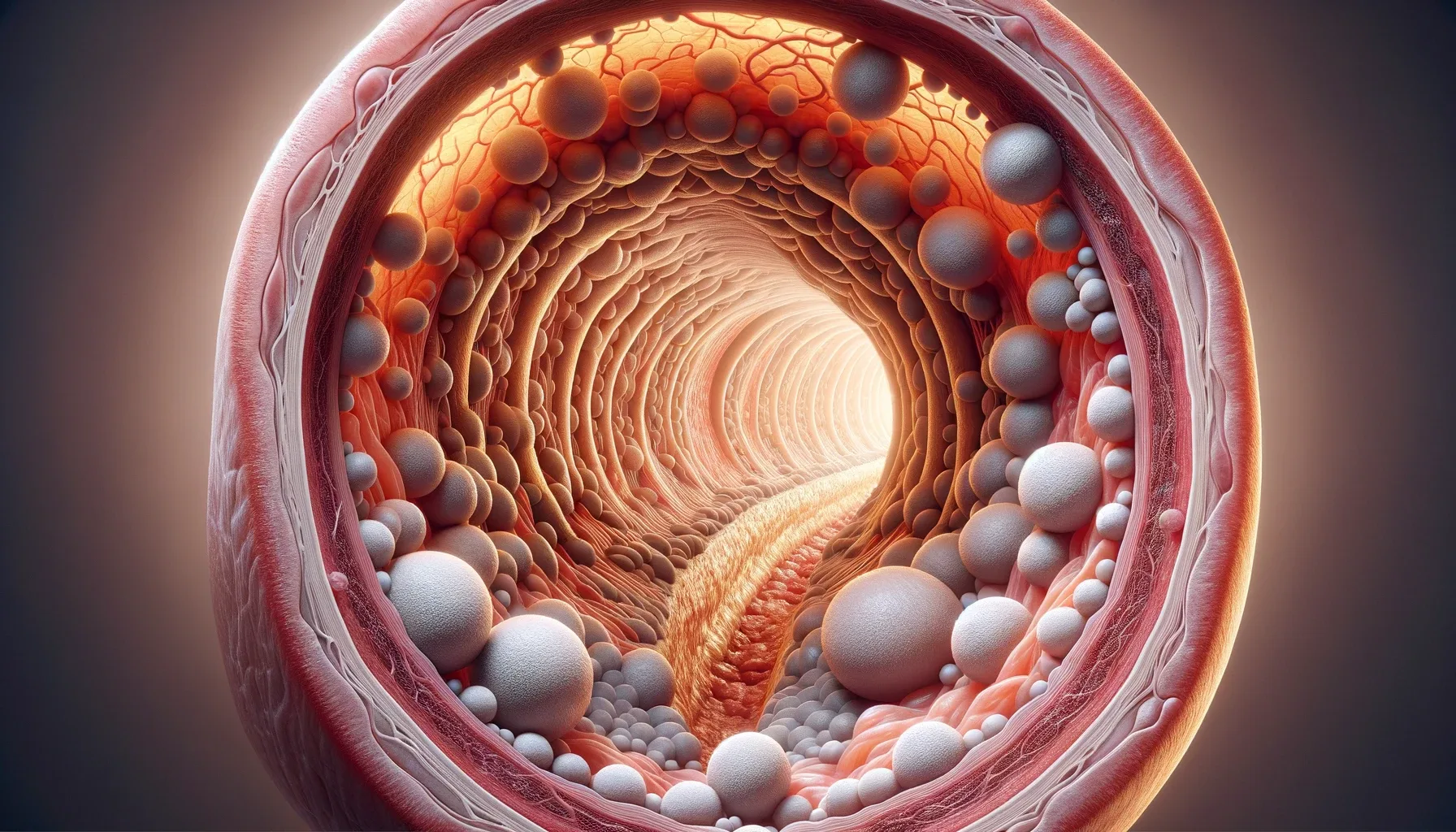A cross-section view of an artery with cholesterol build-up