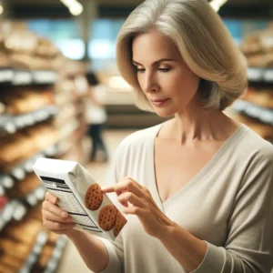 A caucasian woman in her forties examines a cookie package in the bakery aisle of a grocery store. Keto PowerFlax Baking Mix for commercial bakeries is a versatile, low-carb solution, catering to the demand for ketogenic and health-conscious baked goods.