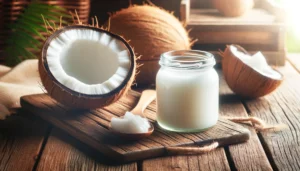 An image of coconuts and coconut oil in a jar and on a spoon.