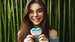 A teen girl stands in front of green bamboo shoots, holding a plant-based vegan rainbow hart cookie.