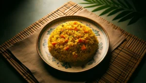 A mound of curried rice on a plate.