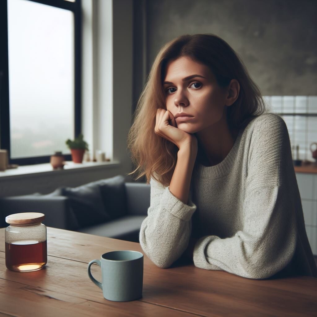 A depressed young woman sits at the kitchen table in her apartment with a cup of tea.