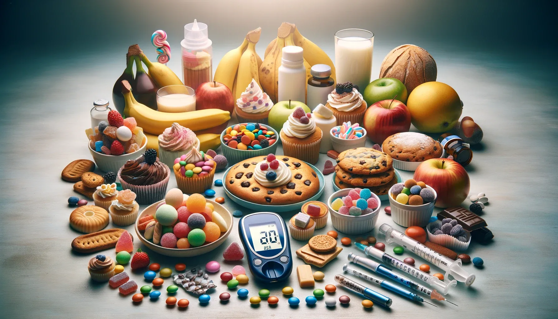 A blood sugar monitor surrounded by various foods, including sweets.
