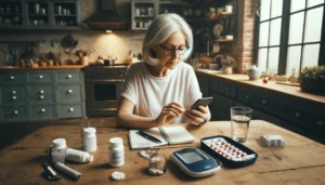 An older woman is organizing her diabetes medication at her kitchen table.