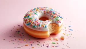 An image of a donut with white icing and multi-coloured sprinkles. A bite is taken out of the donut.