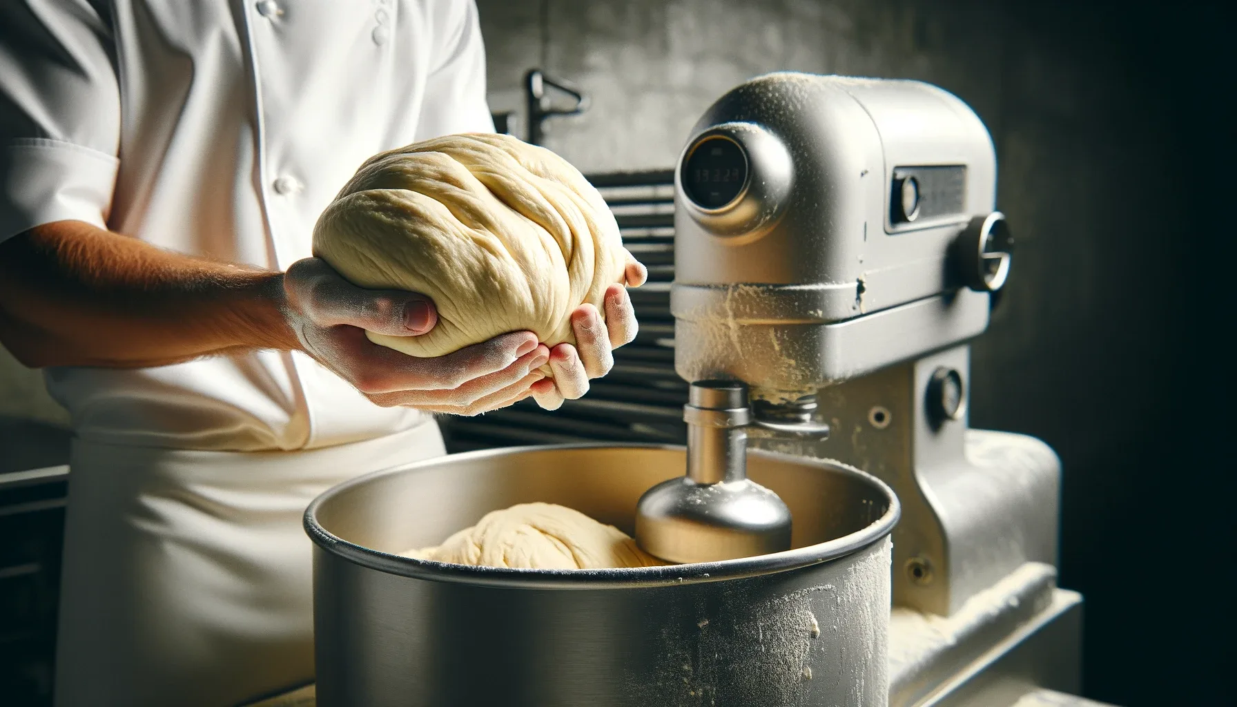 A baker holds a mound of dough over an industrial mixer.