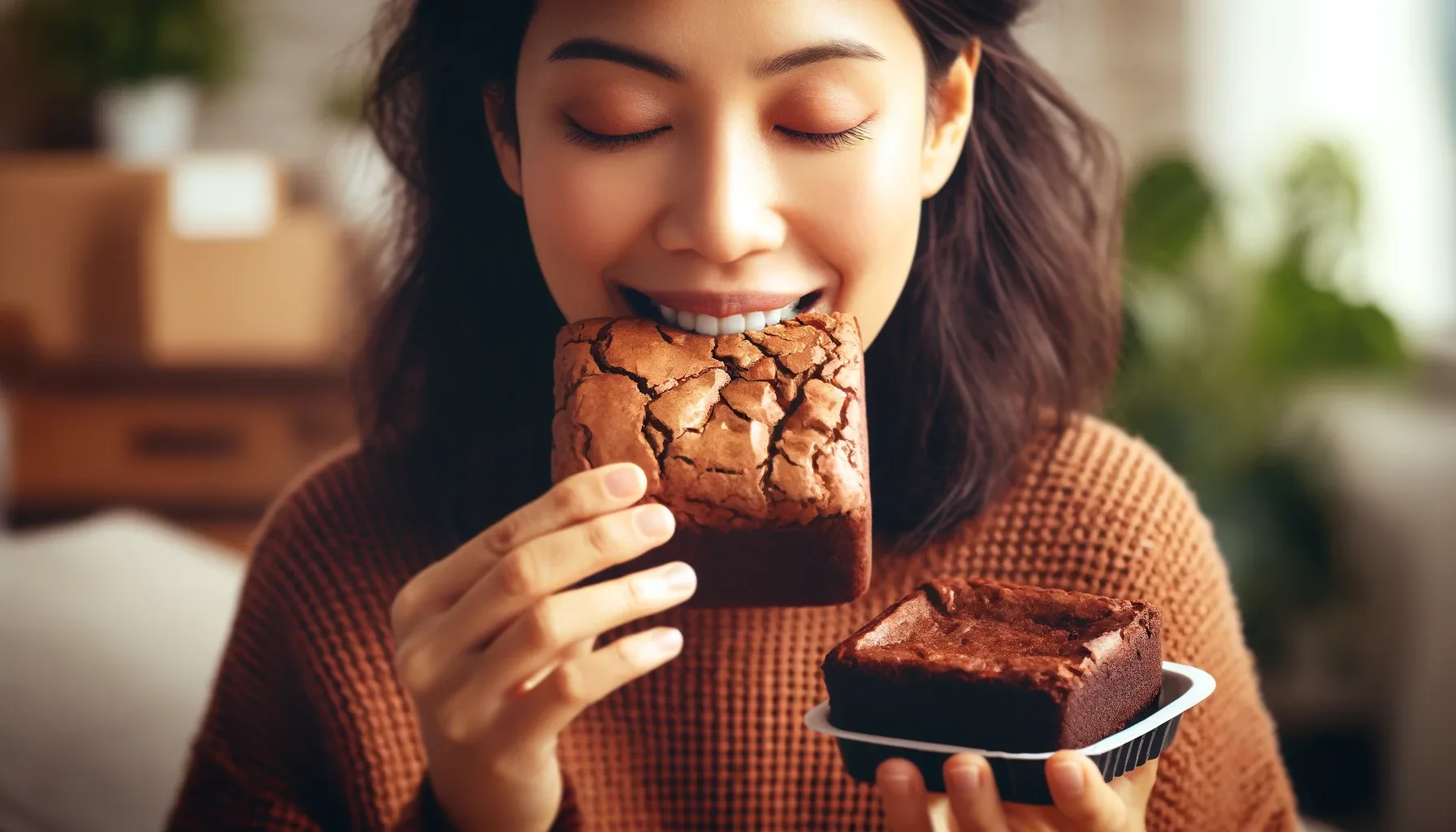 A young Asian woman savors a large brownie while holding a second brownie.