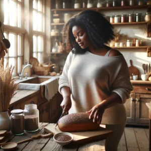A black woman in her thirties is in her rustic kitchen in the daytime. She is slicing a loaf of flax bread.