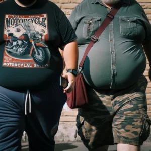 Two fat men walking outdoors