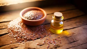 An image of whole flax seeds and a small bottle of flax oil.