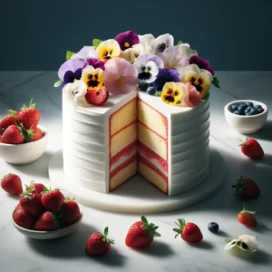 A cake with white icing, featuring edible flowers on top.
