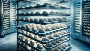 Racks of frozen, unbaked croissants in a commercial bakery setting.
