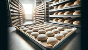 Racks containing trays of raw, unbaked frozen bread loaves in a commercial bakery setting.
