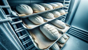 Racks containing trays of raw, unbaked, frozen bred loaves, in a commercial bakery setting.