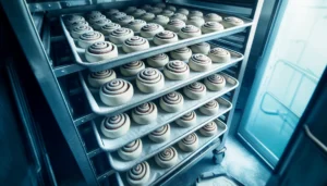 Trays of raw, unbaked, frozen cinnamon buns sit on racks in the freezer of a commercial bakery.