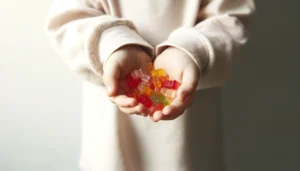 A small child's hands holding colorful gummy bear candies.