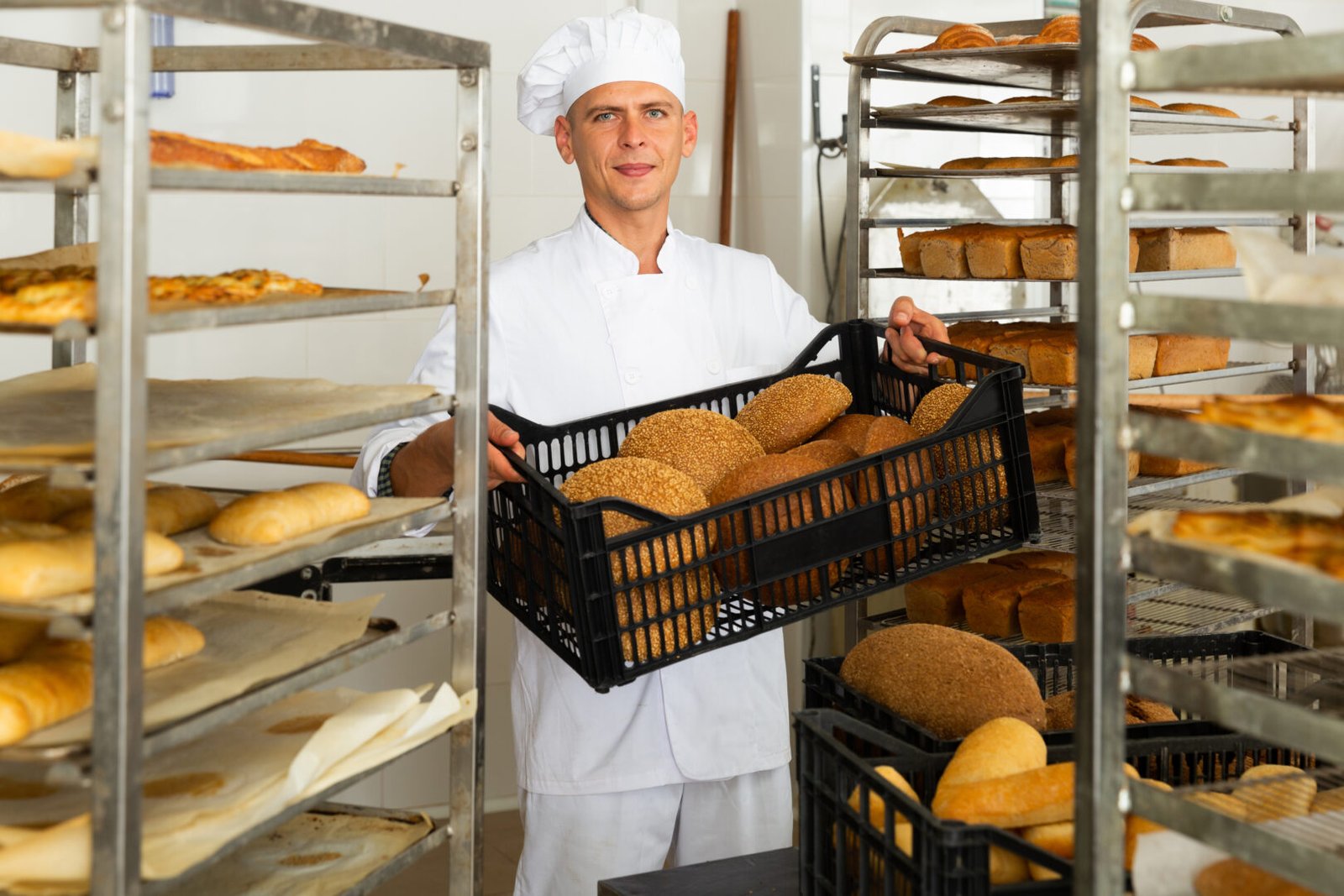 A professional bake holds a tray of breads produced with Keto PowerFlax Baking Mix, in a commercial bakery.