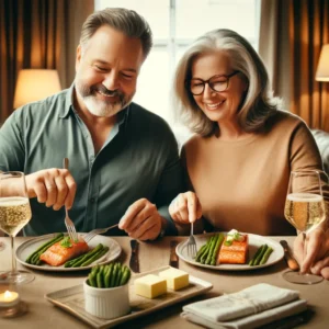 A couple in their fifties sit at their dining table enjoying a keto meal of salmon and asparagus.