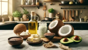An image of keto-friendly fats, including coconut oil, butter, flax seeds, flax oil and avocados.