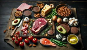 An wide variety of keto foods, including beef, salmon, eggs, avocados, deli meat flax seeds and nuts.
