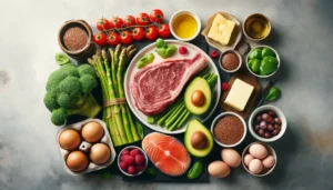 A display of low carb, keto diet foods, including steak, eggs, salmon, avocados, butter, cheese, flax seeds and asparagus.