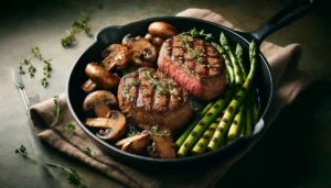 Two steaks, mushrooms and asparagus in a frying pan. A perfect keto meal.