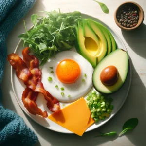 A breakfast plate from a top-down view. The plate includes a sunny-side-up egg with a vibrant orange yolk in the center, crispy bacon strips, slices of avocado arranged in a fan shape, a handful of arugula, diced green onions, and cheddar cheese slices. 