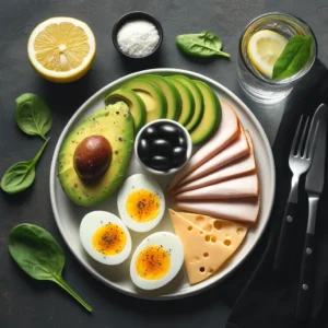 A display of food on a plate, including avocados, hard boiled eggs, deli meat and black olives.