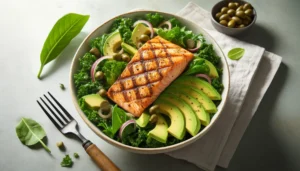 A Mediterranean keto diet meal featuring a salad of greens, avocado and olives, topped with a grilled salmon filet.