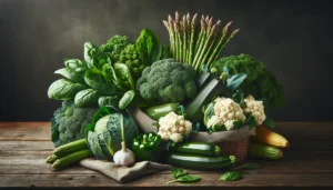 An image of broccoli, cauliflower, asparagus, kale, spinach and zucchini.