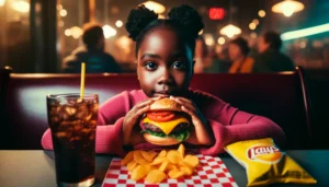An young Black girl sits in a restaurant, eating a cheeseburger and potato chips and drinking a cola.