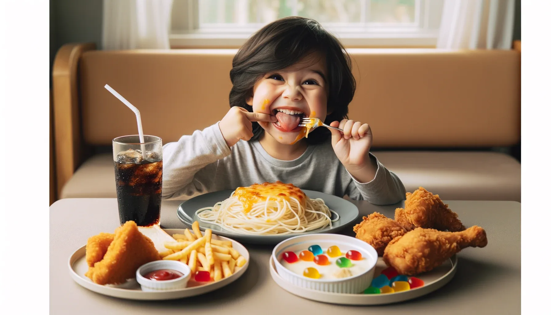 A happy kid is enjoying his lunch of spaghetti with melted cheese, fried chicken, french fries, gummy. bear candies and cola.
