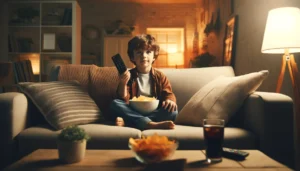 A young boy sits on the couch, watching TV and snacking chips and cola.