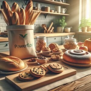 An image of fresh bakery items produced with Keto PowerFlax Baking Mix, including baguettes,cinnamon buns, bread and cookies.