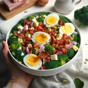 A lazy keto salad, including bacon, hard boiled eggs, cheese and broccoli.