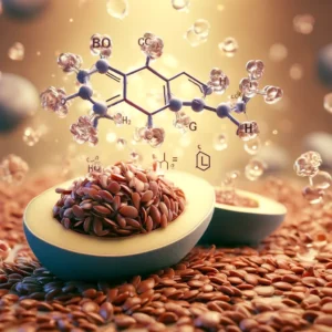 an image of flax seeds and the molecular structure of lignans