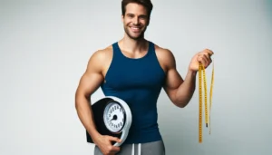 An image of a young, strong male holding a bodyweight scale and a tape measure. He is happy with the results of his keto diet.