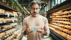 A middle-aged male grocery shopper examines a product label.
