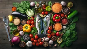 An image of foods included in the Mediterranean diet.